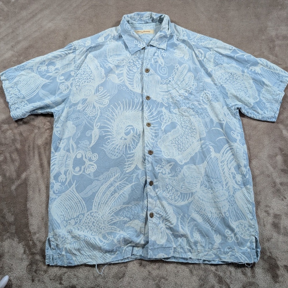 Tommy Bahama Button Down Shirt Men Large Blue Silk Bamboo Tropical Fish Print